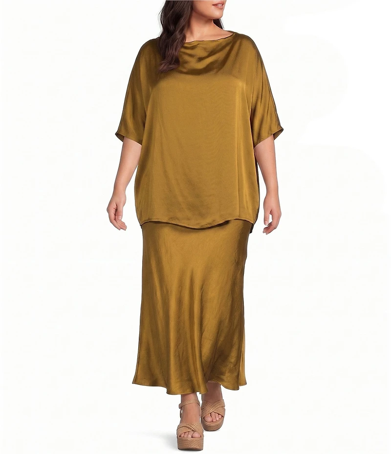 Bryn Walker Plus Size Satin Woven Draped Neck Cap Sleeve Oversized Tunic