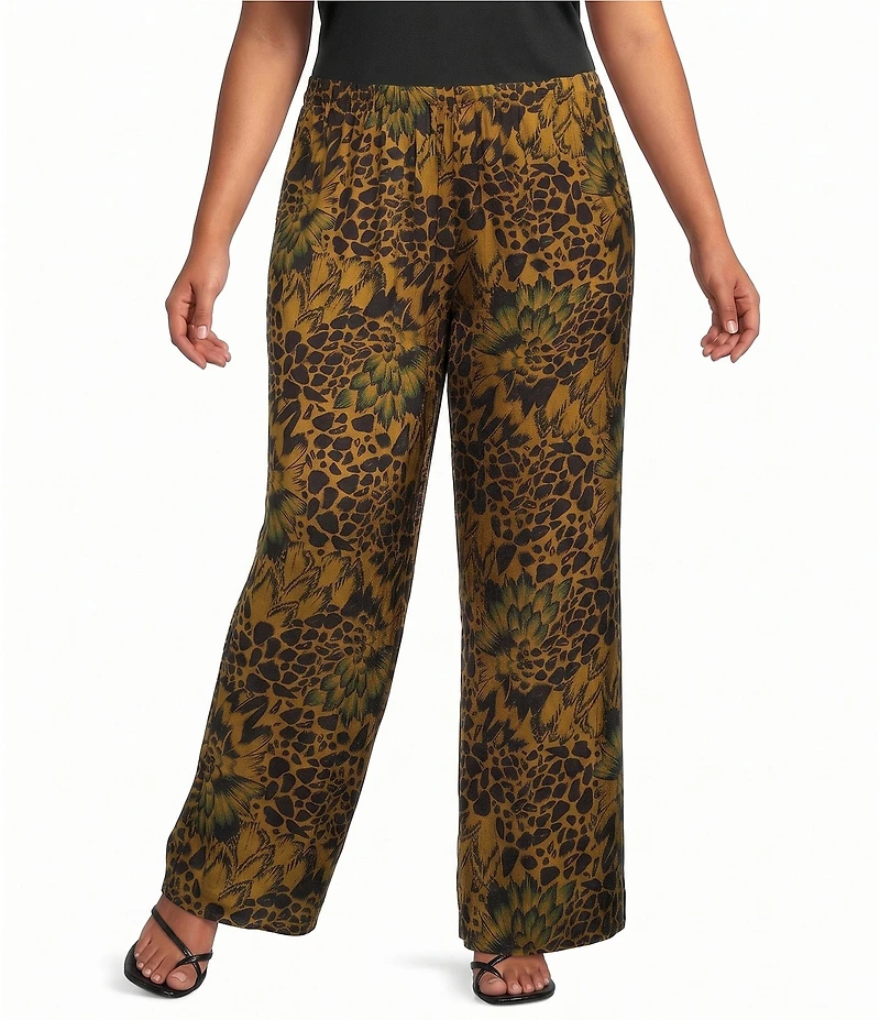 Bryn Walker Plus Size Satiny Woven Feather Print Wide-Leg Pull-On Pants