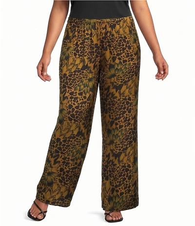 Bryn Walker Plus Size Satiny Woven Feather Print Wide-Leg Pull-On Pants