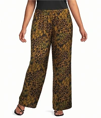 Bryn Walker Plus Size Satiny Woven Feather Print Wide-Leg Pull-On Pants