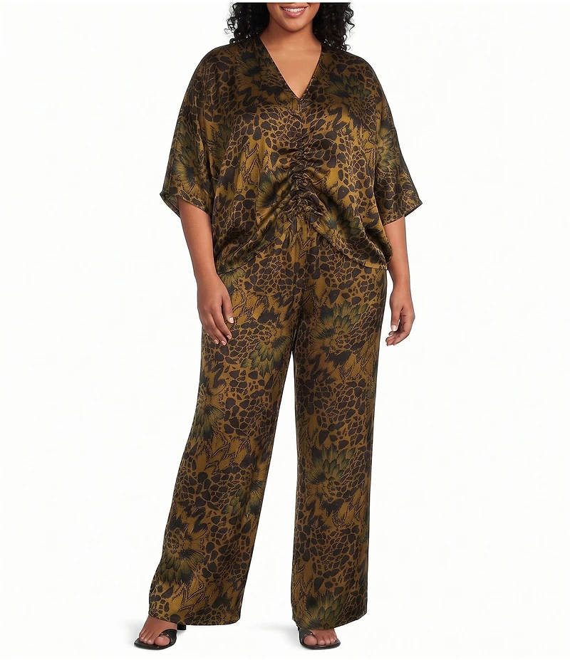Bryn Walker Plus Size Satiny Woven Feather Print Wide-Leg Pull-On Pants