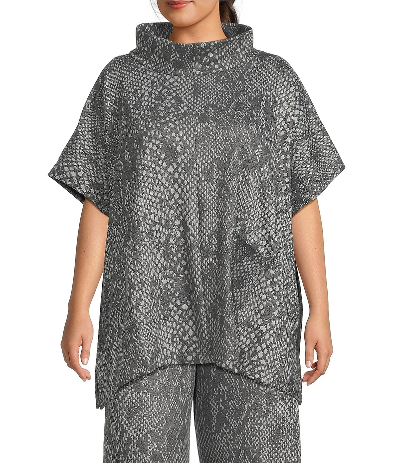 Bryn Walker Plus Size Coordinating Serpent Recycled Knit Mock Neck Cap Sleeve Poncho