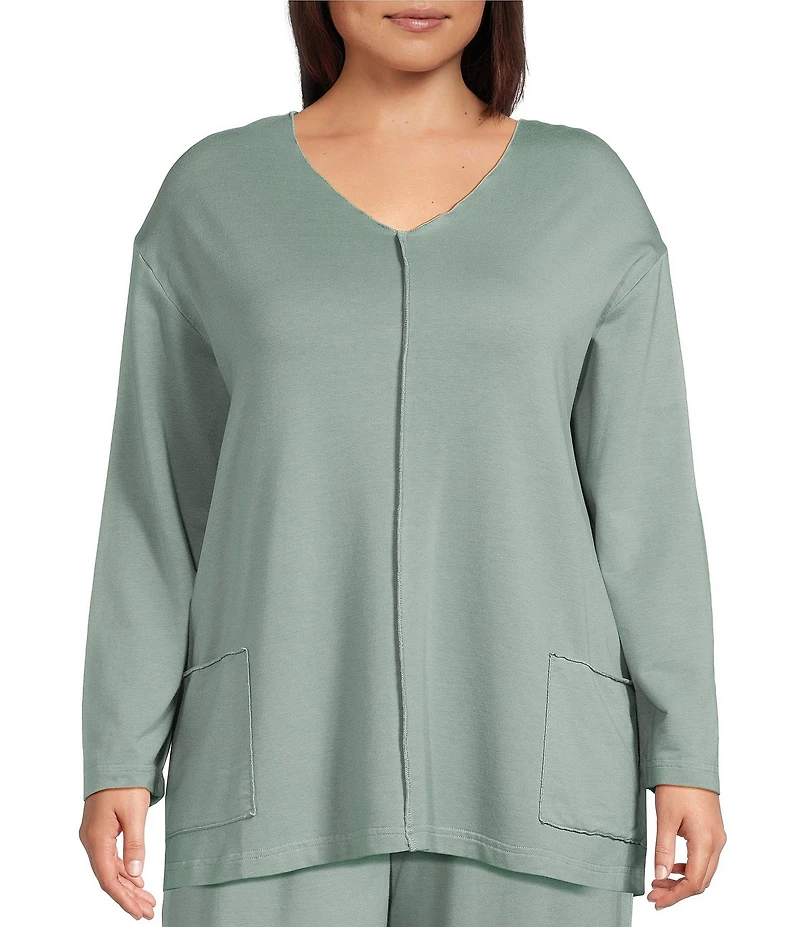 Bryn Walker Plus Size Sunday Bamboo Blend French Terry V-Neck Long sleeve Patch Pocket Shirt