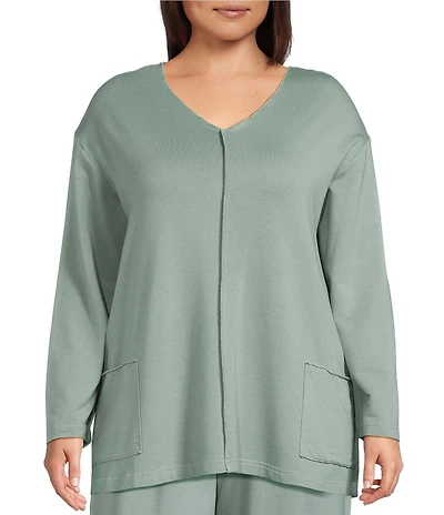 Bryn Walker Plus Size Sunday Bamboo Blend French Terry V-Neck Long sleeve Patch Pocket Shirt
