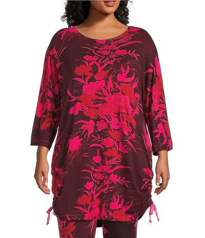 Bryn Walker Plus Size Coordinating Vanya Fiori Printed Viscose Jersey Boat Neck 3/4 Sleeve Adjustable Tie Side Tunic