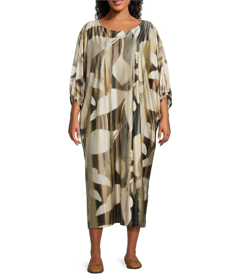 Bryn Walker Plus Size Wilder Arroyo Print Stretch Knit Boat Neck Elbow Dolman Sleeve Maxi Dress
