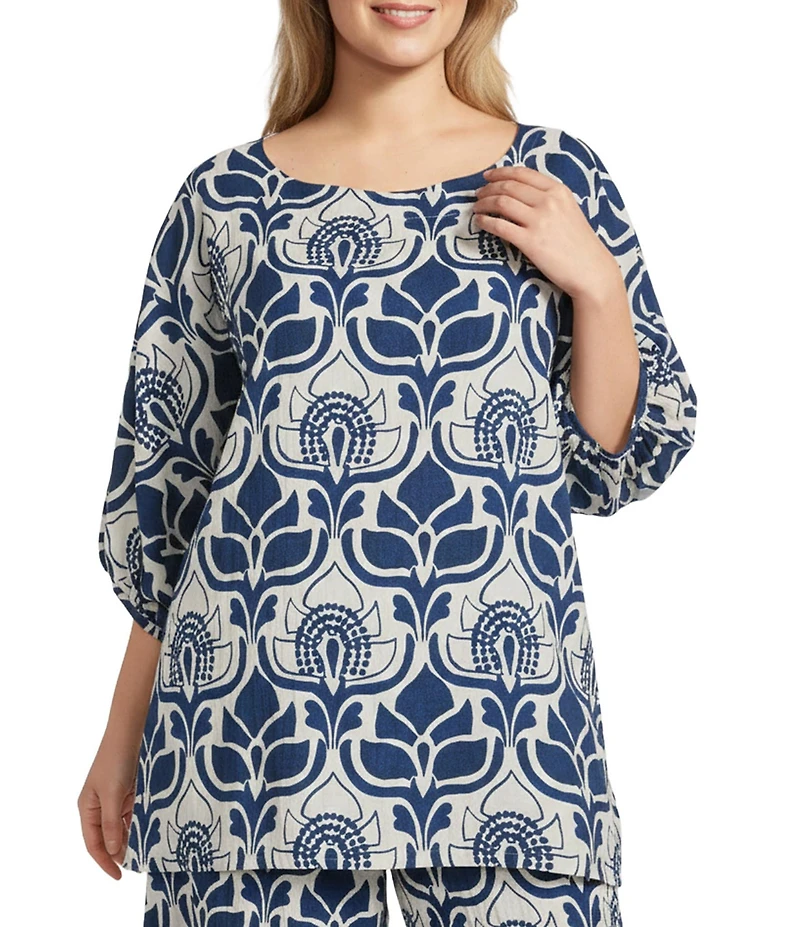 Bryn Walker Plus Size Wilder Tulum Azul Cielo Print Round Neck Elbow Sleeve Tunic