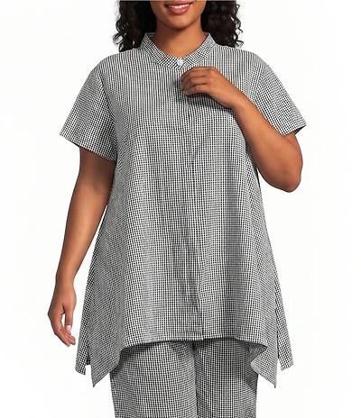 Bryn Walker Plus Size Willa Check Seersucker Mandarin Collar Cap Sleeve Tunic