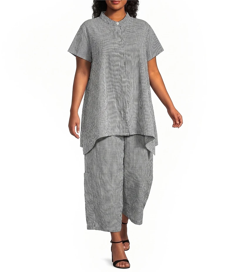 Bryn Walker Plus Size Willa Check Seersucker Mandarin Collar Cap Sleeve Tunic