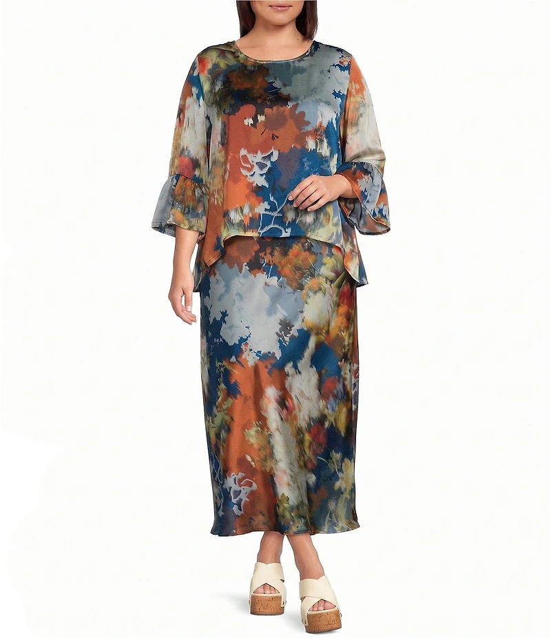 Bryn Walker Plus Size Woven Fiori Print A-Line Bias Pull-On Skirt