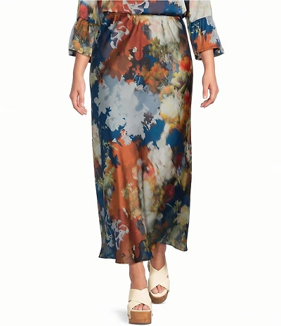 Bryn Walker Plus Size Woven Fiori Print A-Line Bias Pull-On Skirt