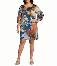 Bryn Walker Plus Size Woven Fiori Print Round Neck 3/4 Sleeve Lantern Dress