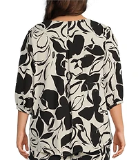 Bryn Walker Plus Size Woven Lucinda Floral Petal Print Round Neck 3/4 Sleeve Hi-Low Hem Shirt