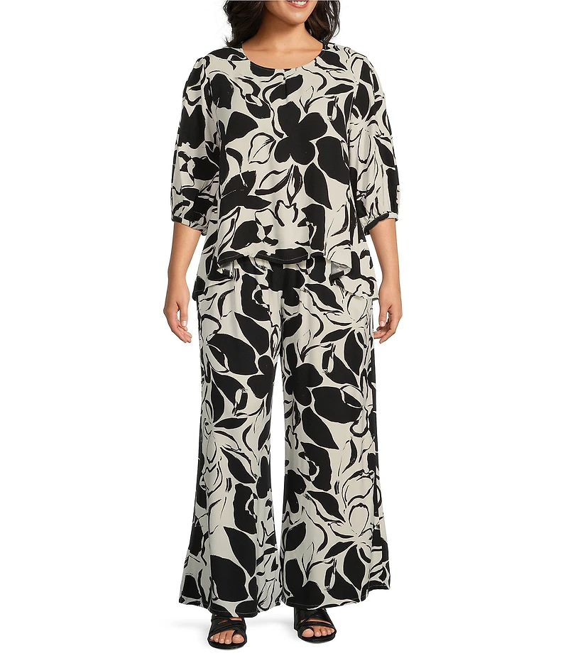 Bryn Walker Plus Size Woven Lucinda Floral Petal Print Round Neck 3/4 Sleeve Hi-Low Hem Shirt