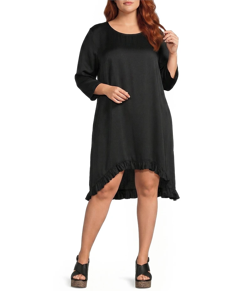 Bryn Walker Plus Size Zaida Satin Woven Round Neck 3/4 Sleeve High-Low Hem Tunic Dress