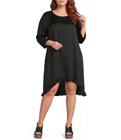 Bryn Walker Plus Size Zaida Satin Woven Round Neck 3/4 Sleeve High-Low Hem Tunic Dress