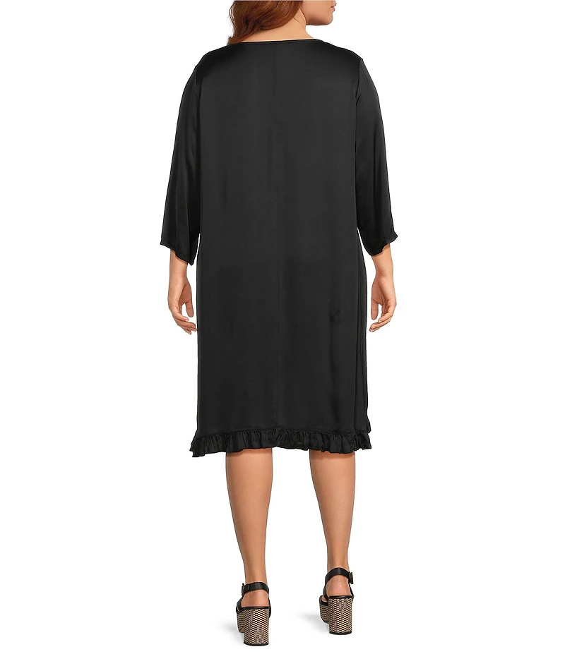 Bryn Walker Plus Size Zaida Satin Woven Round Neck 3/4 Sleeve High-Low Hem Tunic Dress
