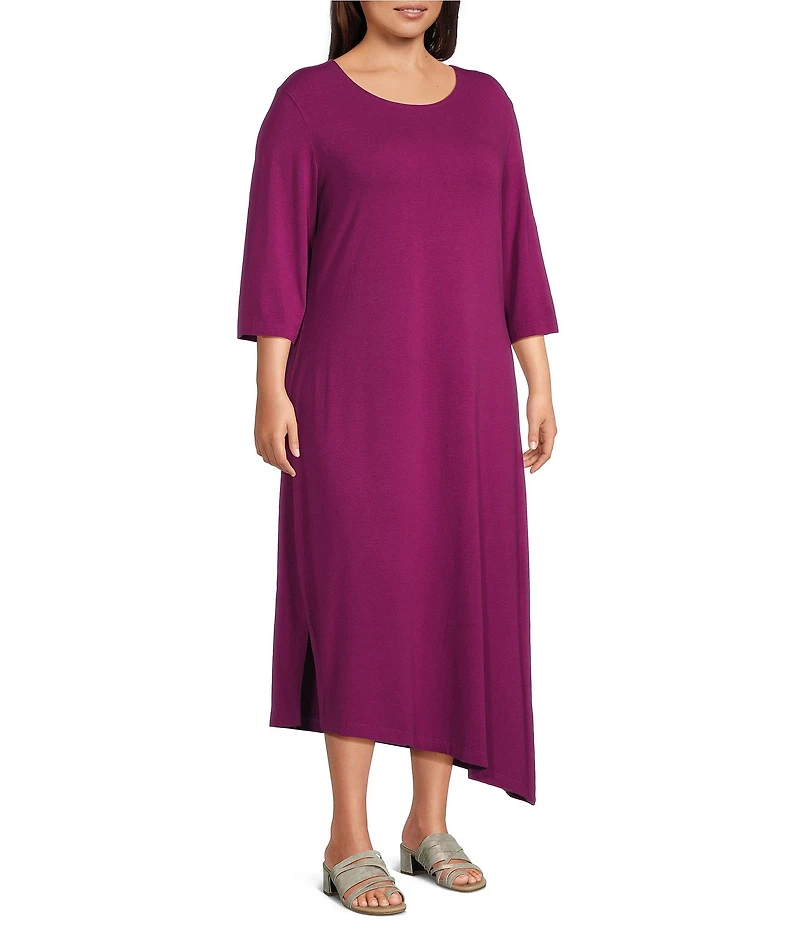 Bryn Walker Plus Sydney Organic Bamboo Cotton Blend Round Neck Elbow Sleeve Asymmetrical Dress