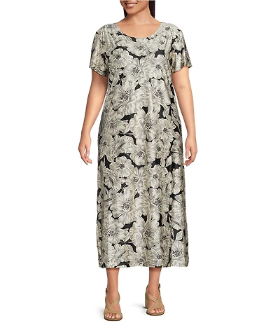 Bryn Walker Plus Wesley Bianchi Fiori Stretch Knit Round Neck Short Sleeve Midi Dress