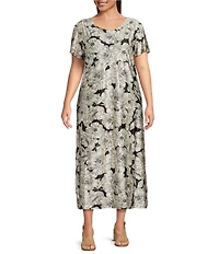 Bryn Walker Plus Wesley Bianchi Fiori Stretch Knit Round Neck Short Sleeve Midi Dress