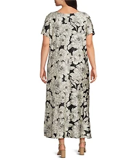 Bryn Walker Plus Wesley Bianchi Fiori Stretch Knit Round Neck Short Sleeve Midi Dress