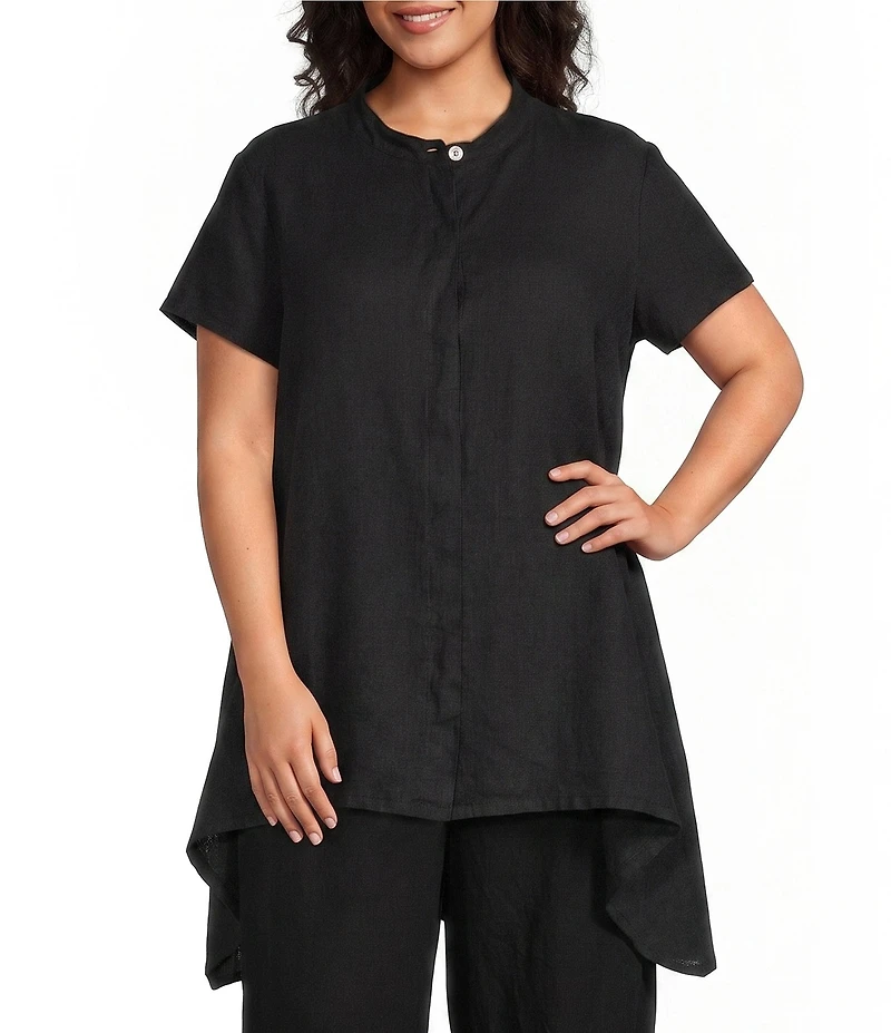 Bryn Walker Plus Willa Light Linen Mandarin Collar Cap Sleeve Curved Hem Tunic