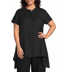 Bryn Walker Plus Willa Light Linen Mandarin Collar Cap Sleeve Curved Hem Tunic