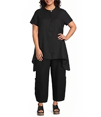 Bryn Walker Plus Willa Light Linen Mandarin Collar Cap Sleeve Curved Hem Tunic