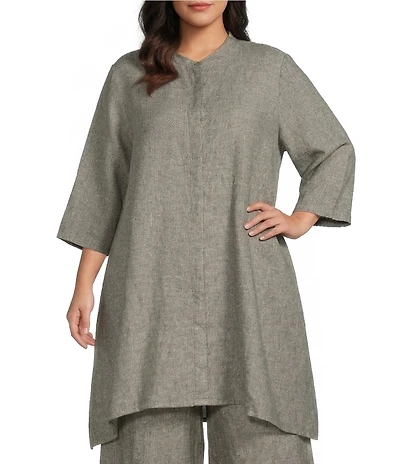 Bryn Walker Plus Winona Cross-Dyed Linen Mandarin Collar Elbow Sleeve Button Front Tunic