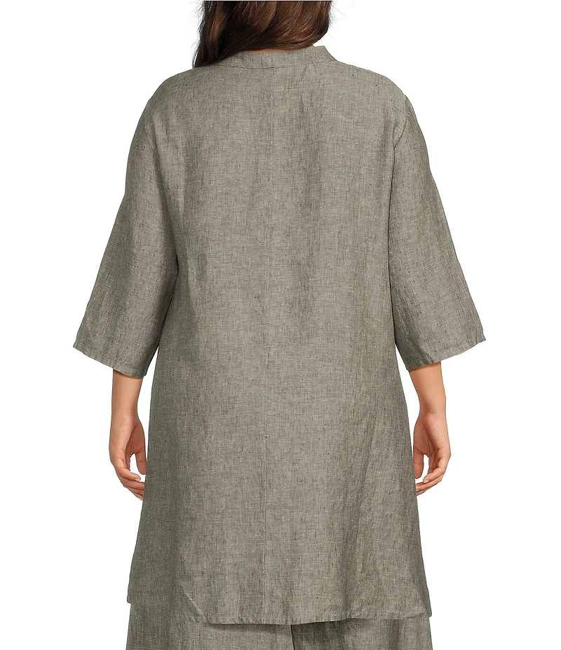 Bryn Walker Plus Size Winona Cross-Dyed Linen Mandarin Collar Elbow Sleeve Button Front Tunic