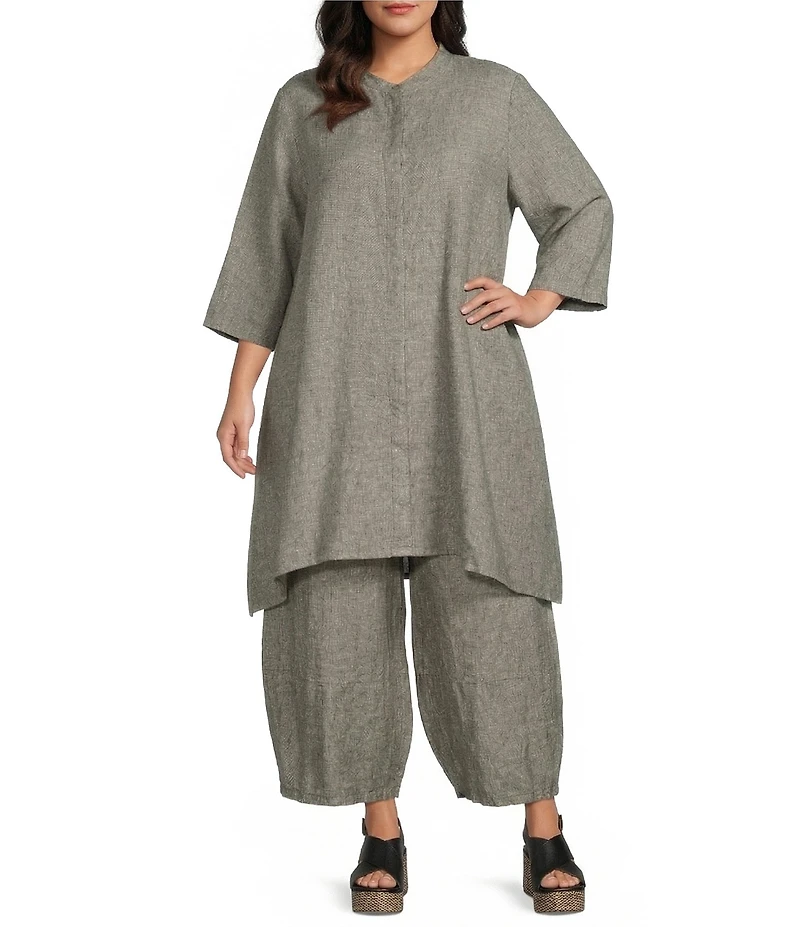 Bryn Walker Plus Size Winona Cross-Dyed Linen Mandarin Collar Elbow Sleeve Button Front Tunic