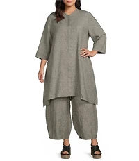 Bryn Walker Plus Size Winona Cross-Dyed Linen Mandarin Collar Elbow Sleeve Button Front Tunic