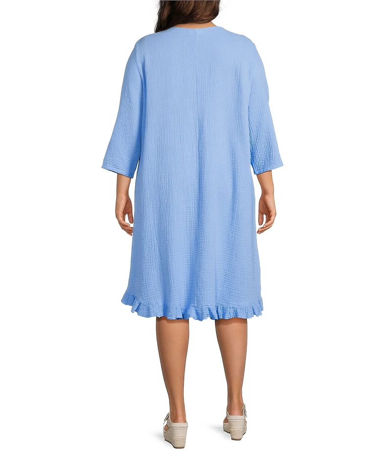 Bryn Walker Plus Zaida Cotton Gauze Round Neck 3/4 Sleeve High-Low Tunic Midi Dress