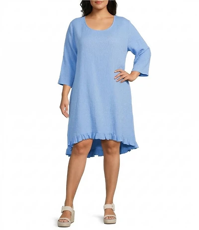 Bryn Walker Plus Zaida Cotton Gauze Round Neck 3/4 Sleeve High-Low Tunic Midi Dress