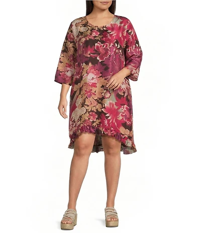 Bryn Walker Plus Size Zaida Rosa Print Silk Round Neck 3/4 Sleeve High-Low Tunic Dress