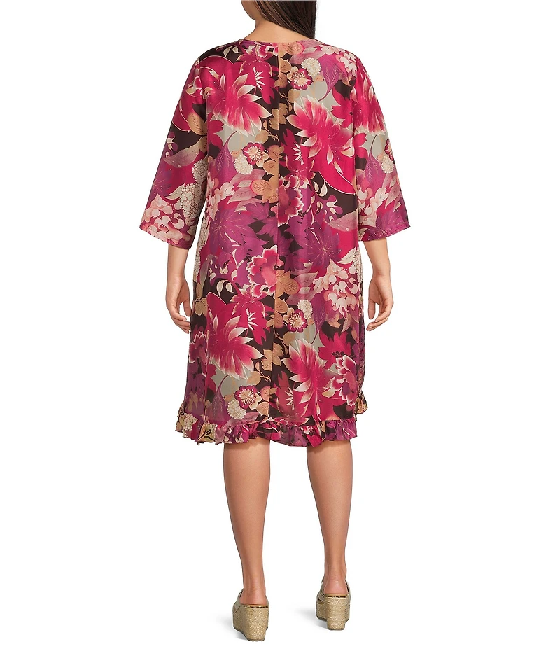 Bryn Walker Plus Size Zaida Rosa Print Silk Round Neck 3/4 Sleeve High-Low Tunic Dress