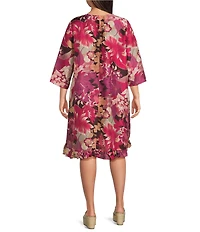 Bryn Walker Plus Size Zaida Rosa Print Silk Round Neck 3/4 Sleeve High-Low Tunic Dress