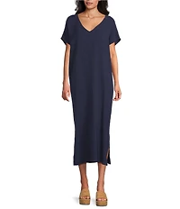 Bryn Walker Rebecca Cotton Gauze V-Neck Elongated Cap Sleeve Midi Dress
