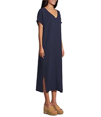 Bryn Walker Rebecca Cotton Gauze V-Neck Elongated Cap Sleeve Midi Dress