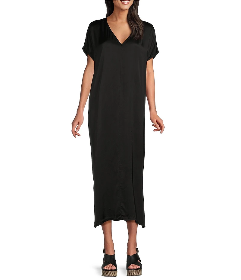 Bryn Walker Rebecca Satiny Woven V-Neck Cap Sleeve Oversized Dress