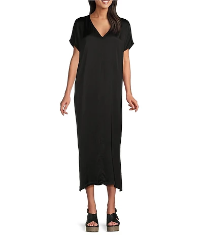 Bryn Walker Rebecca Satiny Woven V-Neck Cap Sleeve Oversized Dress