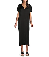 Bryn Walker Rebecca Satiny Woven V-Neck Cap Sleeve Oversized Dress