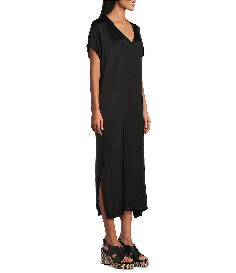 Bryn Walker Rebecca Satiny Woven V-Neck Cap Sleeve Oversized Dress
