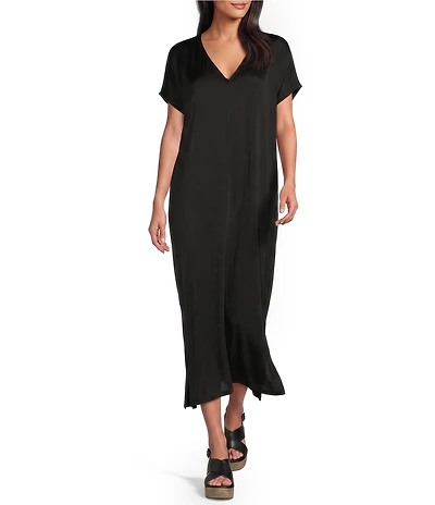 Bryn Walker Rebecca Satiny Woven V-Neck Cap Sleeve Oversized Dress