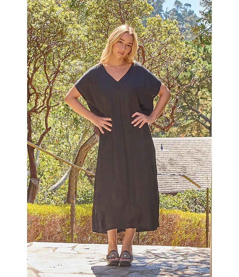 Bryn Walker Rebecca Satiny Woven V-Neck Cap Sleeve Oversized Dress