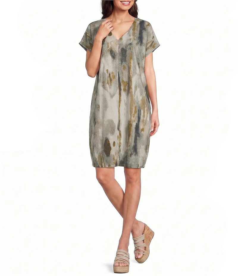 Bryn Walker Regan Pioggia Print V-Neck Short Sleeve Tunic Dress