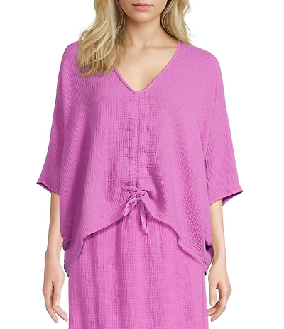 Bryn Walker Ria Cotton Gauze V-Neck Short Dolman Sleeve Ruched Tie High-Low Shirt