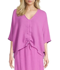 Bryn Walker Ria Cotton Gauze V-Neck Short Dolman Sleeve Ruched Tie High-Low Shirt