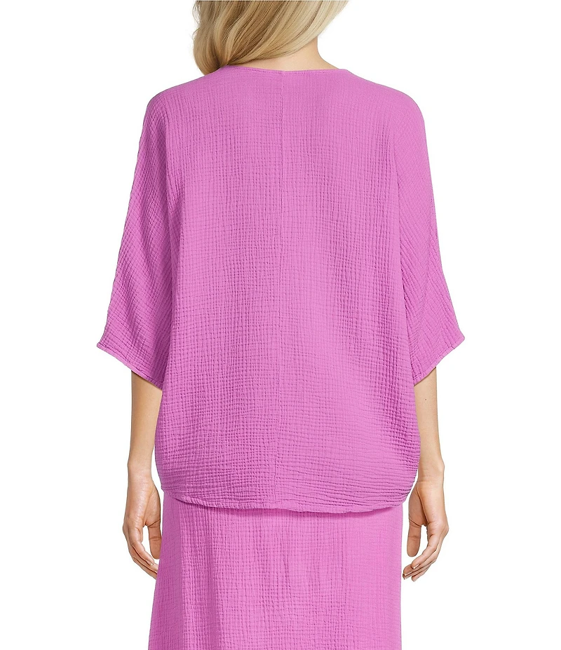 Bryn Walker Ria Cotton Gauze V-Neck Short Dolman Sleeve Ruched Tie High-Low Shirt