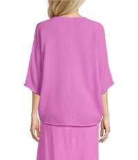 Bryn Walker Ria Cotton Gauze V-Neck Short Dolman Sleeve Ruched Tie High-Low Shirt